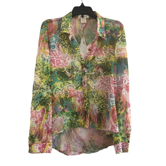 Sans Souci Sheer Button-Up Womens Small Polyester Multicolor Blouse Floral Boho - Picture 1 of 8